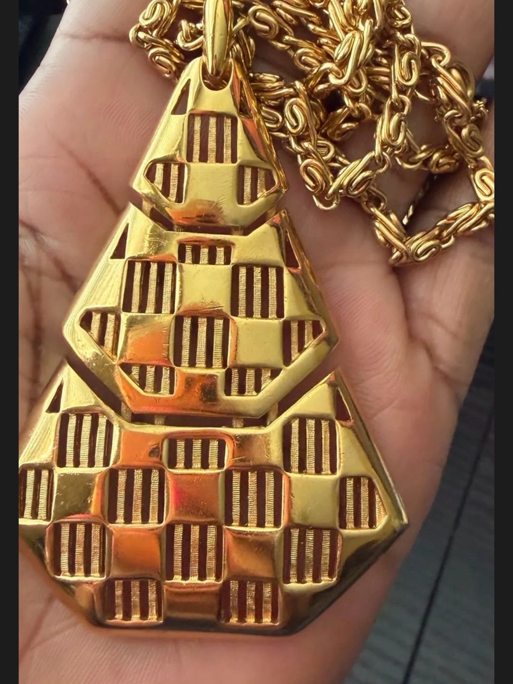 Vintage Crown Trifari Gold Geometric Articulated Pendant Necklace